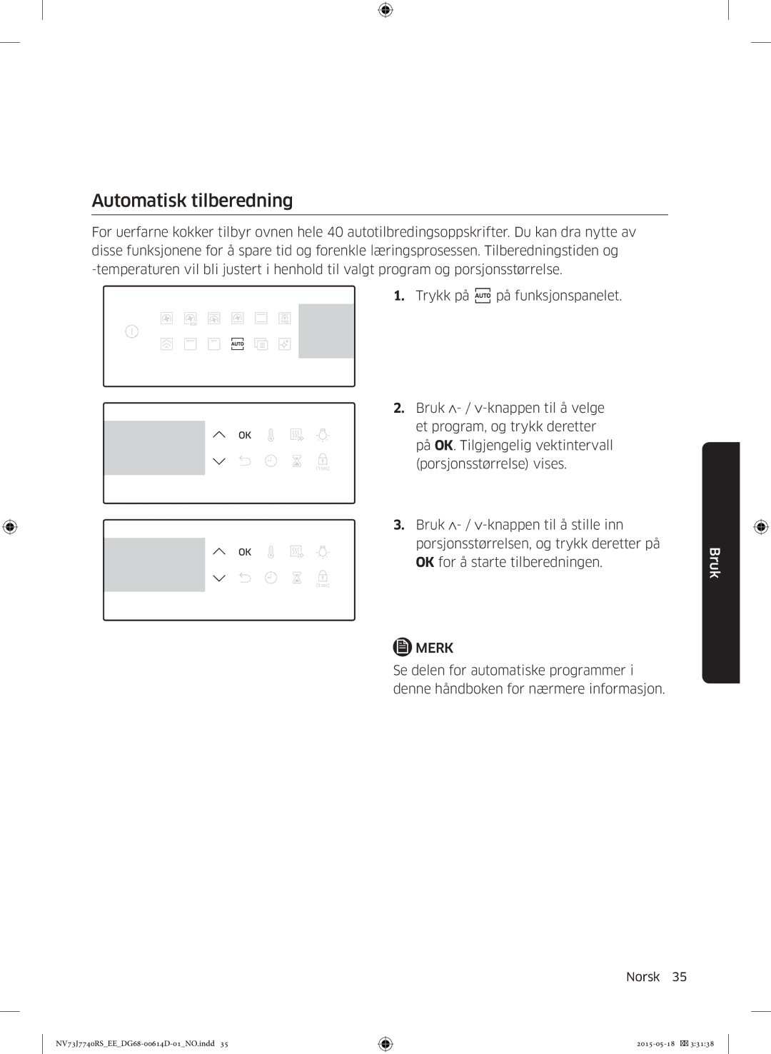 Samsung NV73J7740RS/EE manual Automatisk tilberedning 