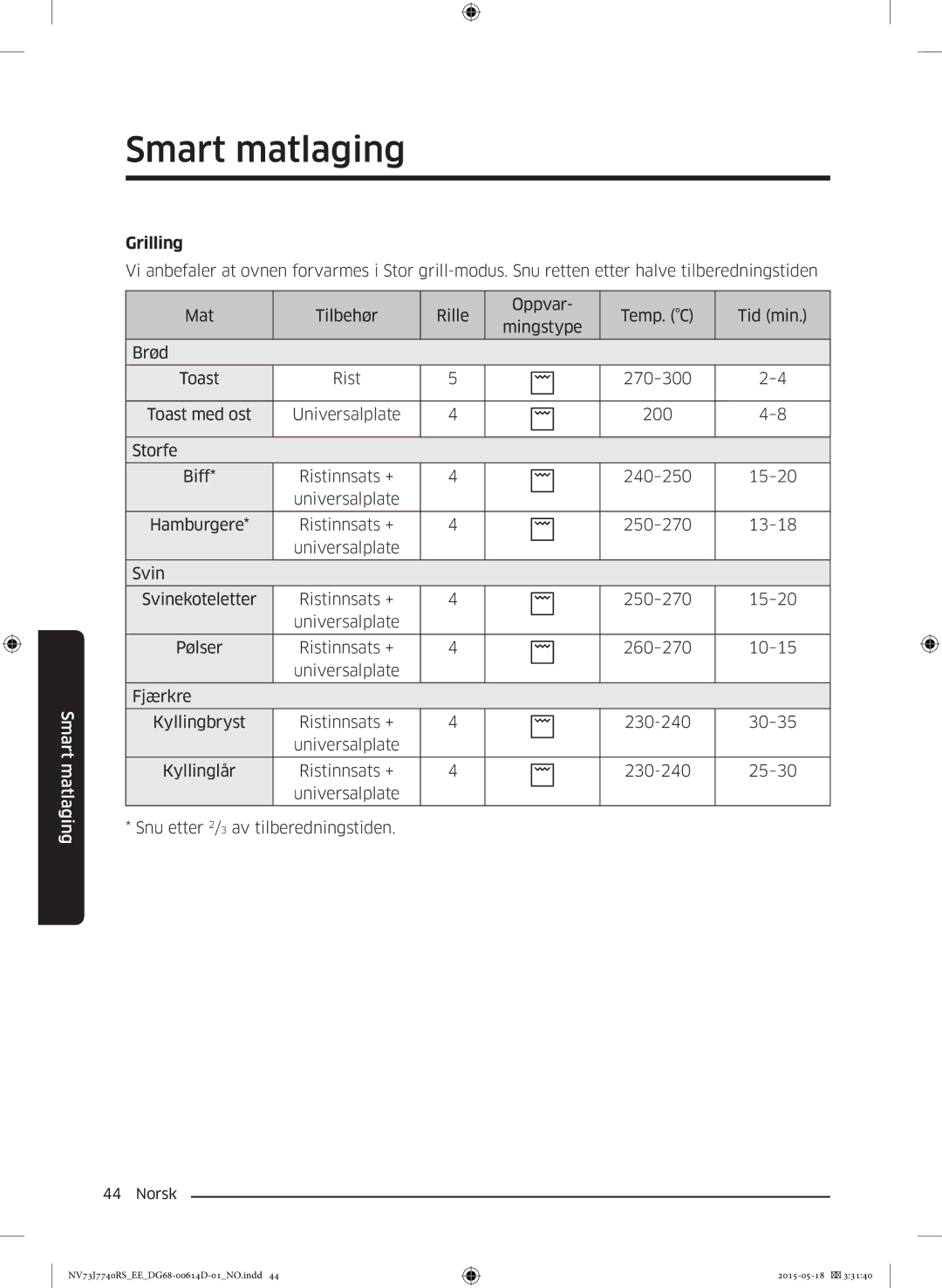 Samsung NV73J7740RS/EE manual Grilling 