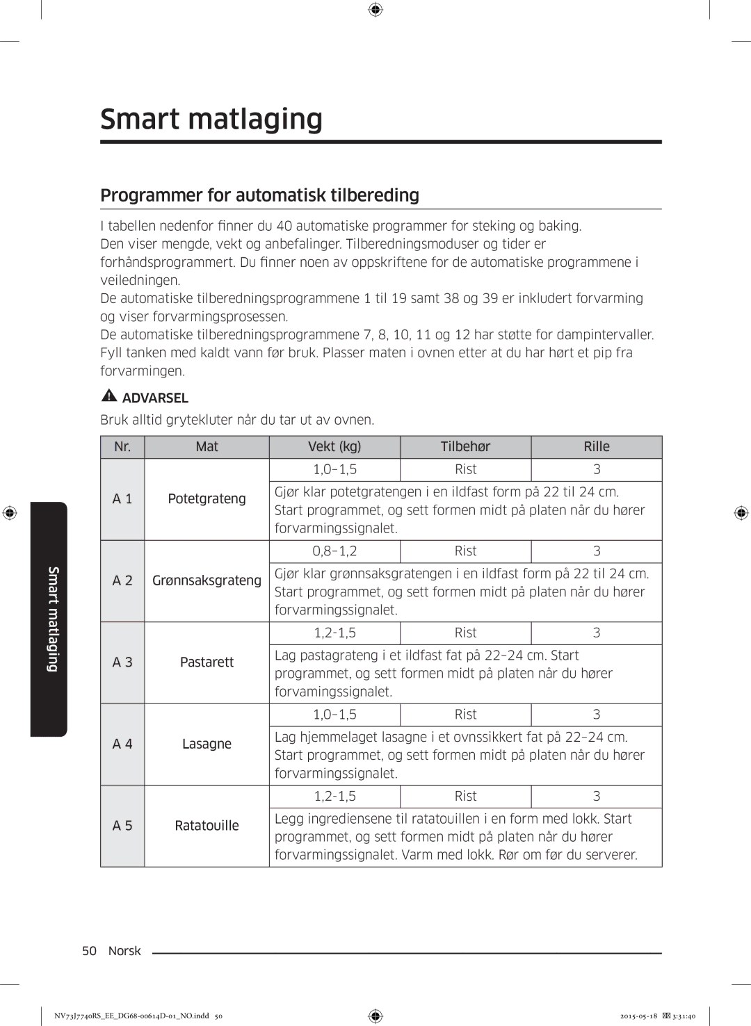 Samsung NV73J7740RS/EE manual Programmer for automatisk tilbereding 