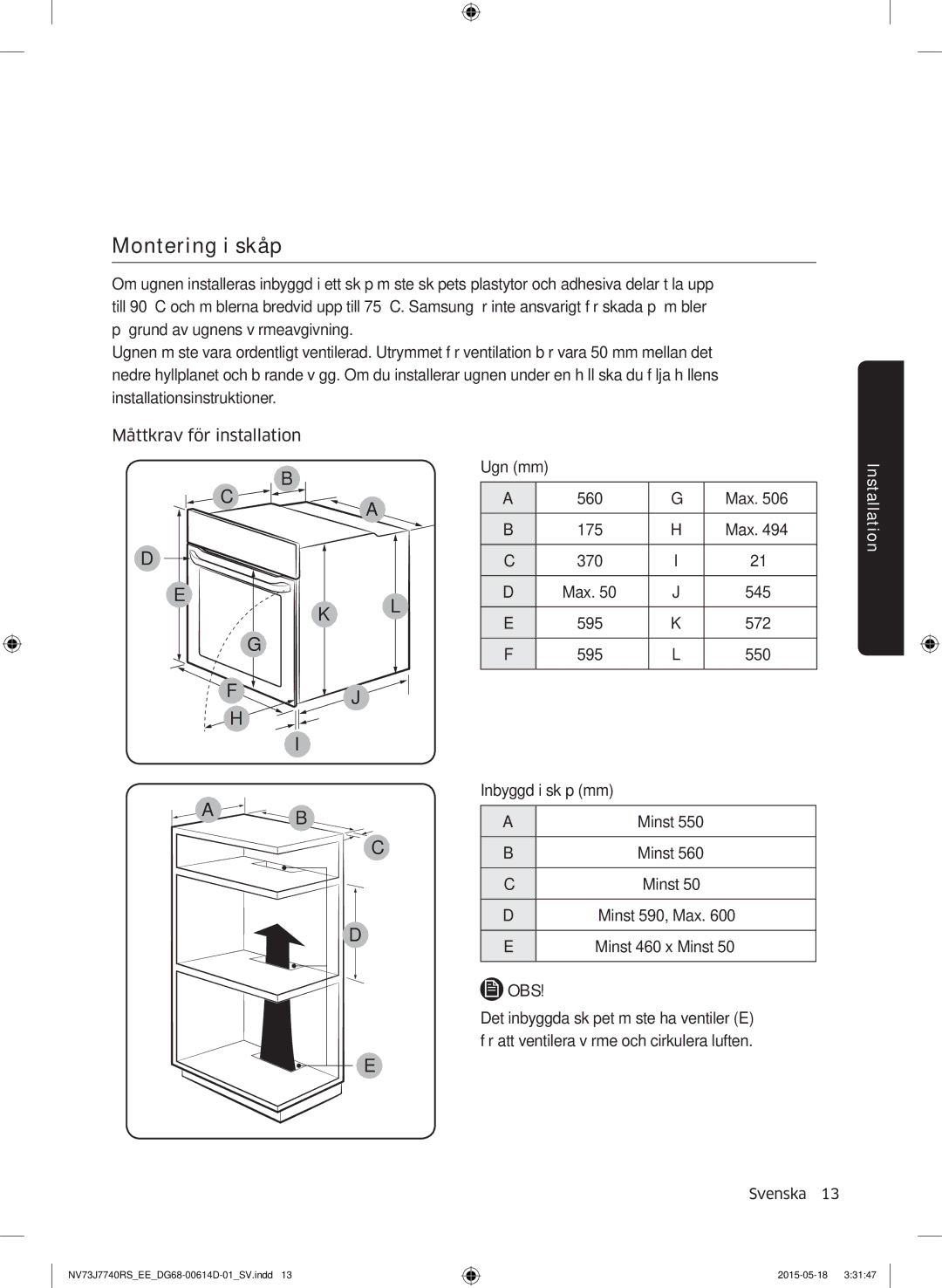 Samsung NV73J7740RS/EE manual Montering i skåp, Max 175 370 545 595 572 550 