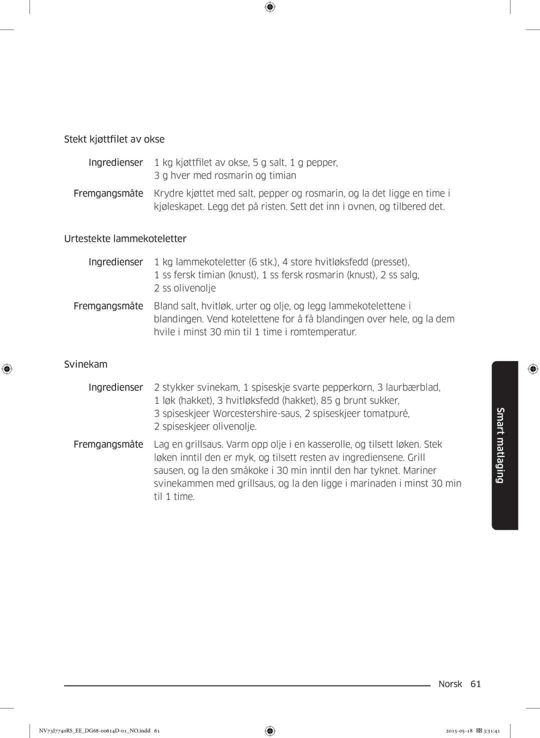 Samsung NV73J7740RS/EE manual Smart matlaging 