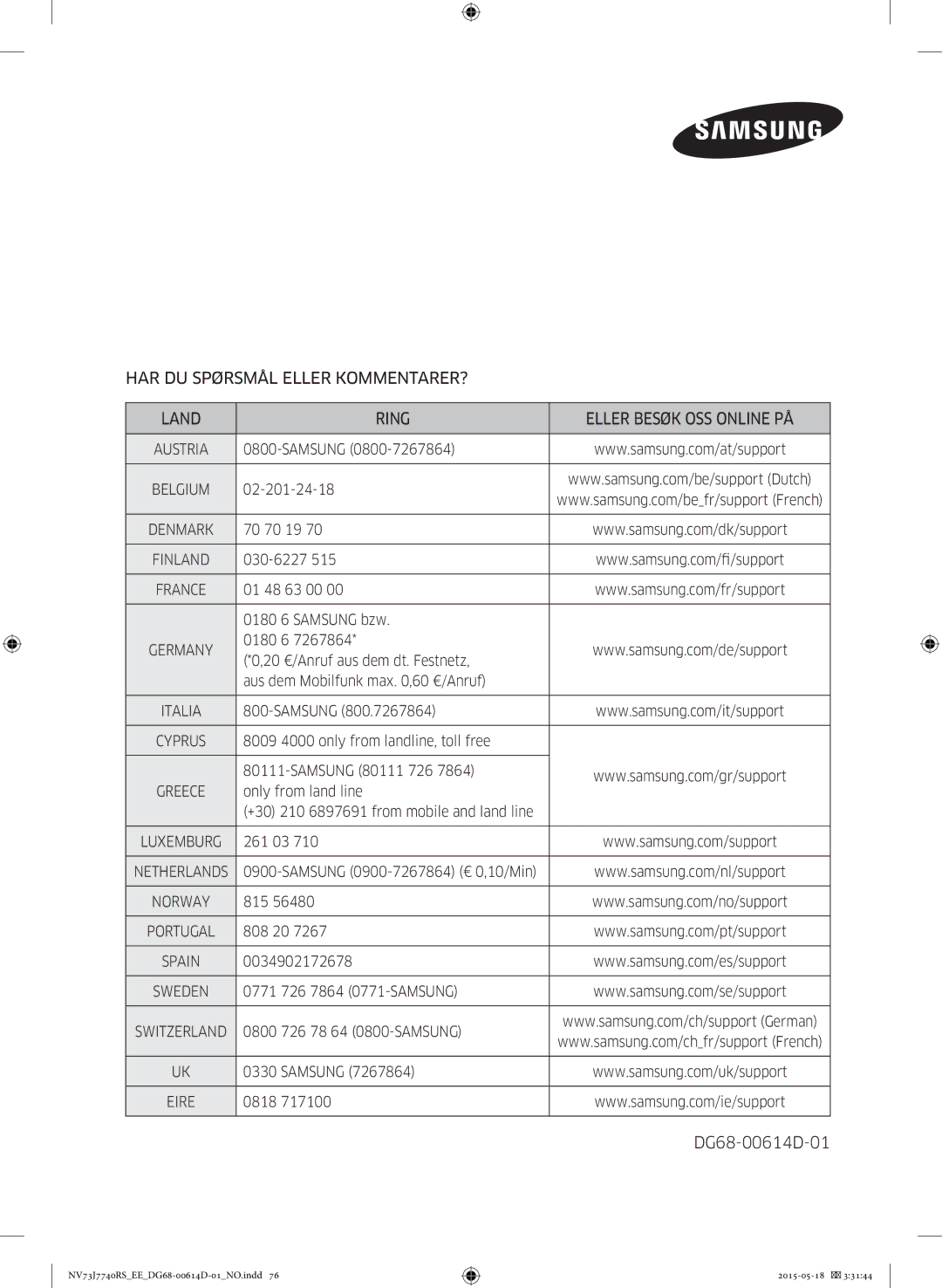 Samsung NV73J7740RS/EE manual DG68-00614D-01 