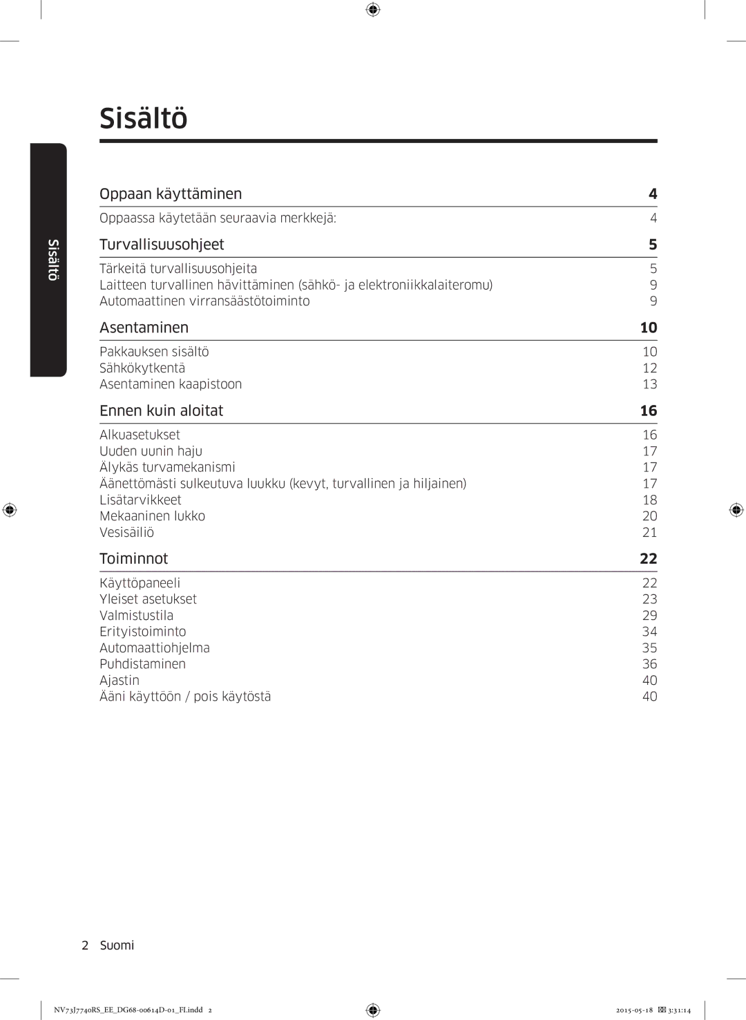 Samsung NV73J7740RS/EE manual Sisältö 