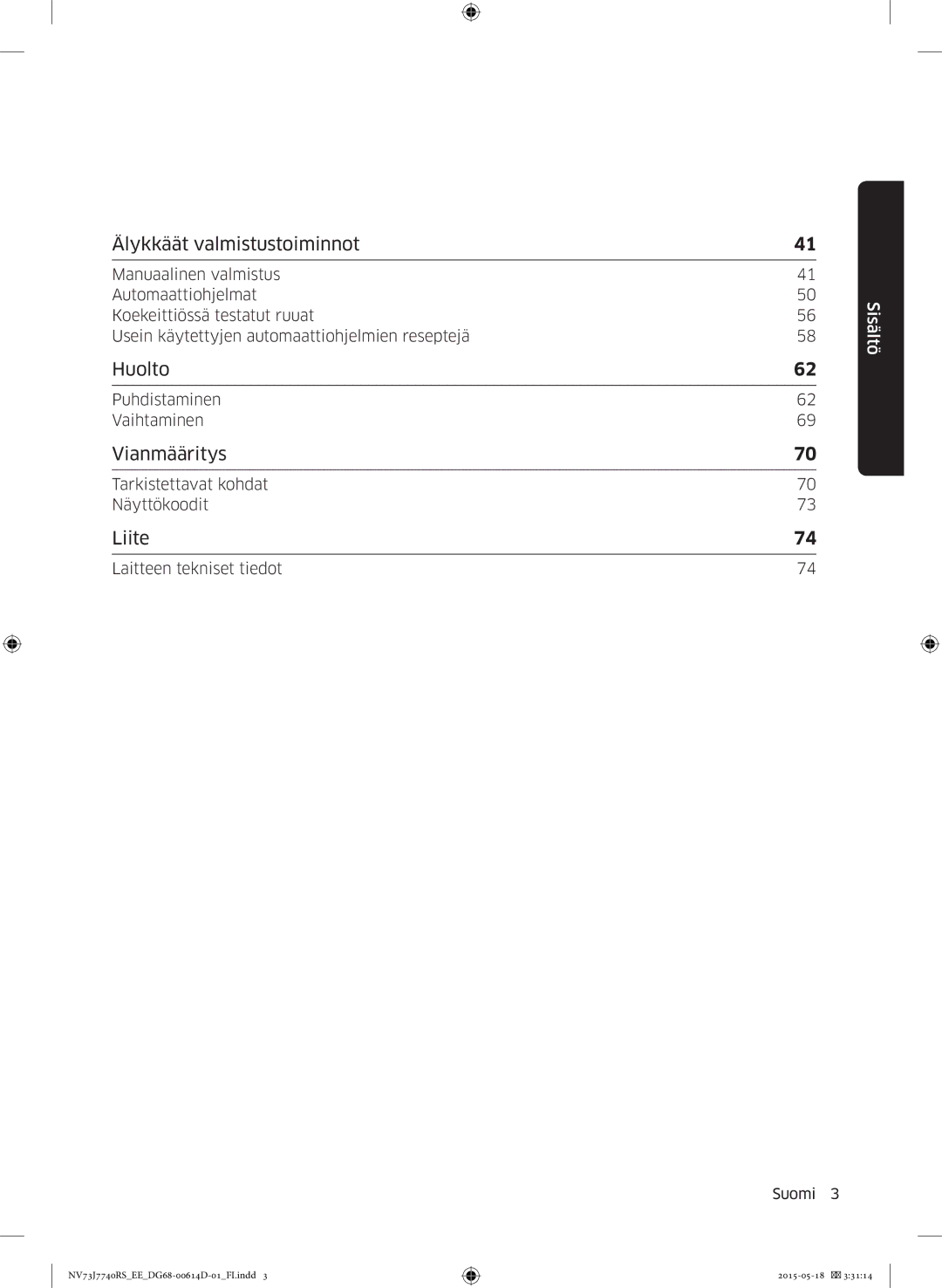 Samsung NV73J7740RS/EE manual Huolto 