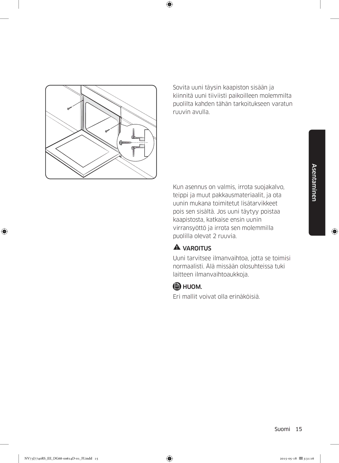 Samsung NV73J7740RS/EE manual Eri mallit voivat olla erinäköisiä 