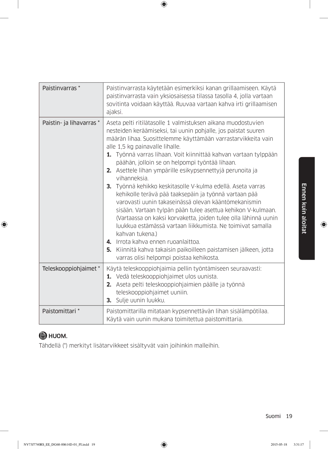 Samsung NV73J7740RS/EE manual Huom 