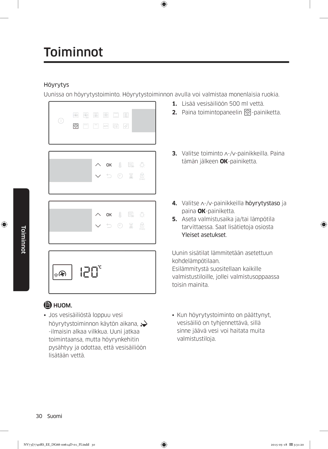 Samsung NV73J7740RS/EE manual Toiminnot 