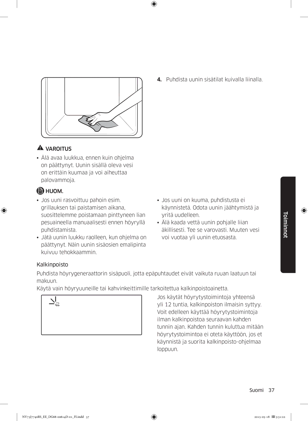 Samsung NV73J7740RS/EE manual Varoitus 