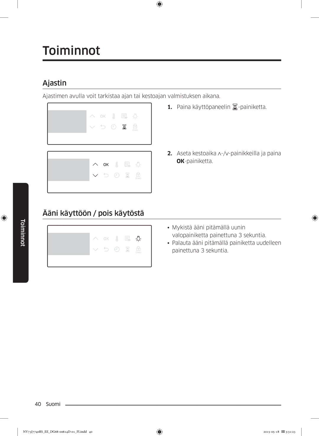 Samsung NV73J7740RS/EE manual Ajastin, Ääni käyttöön / pois käytöstä 