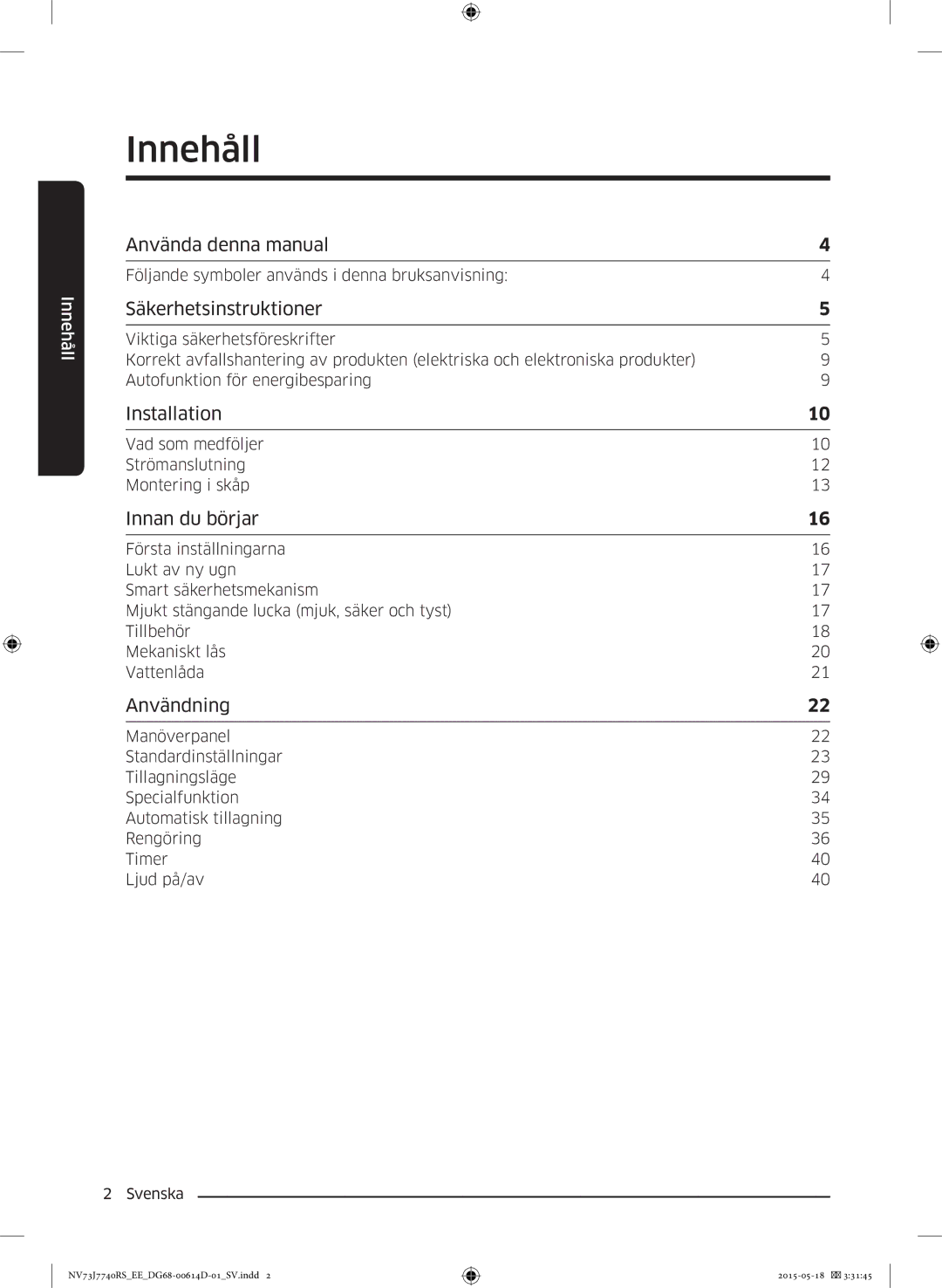 Samsung NV73J7740RS/EE manual Innehåll 