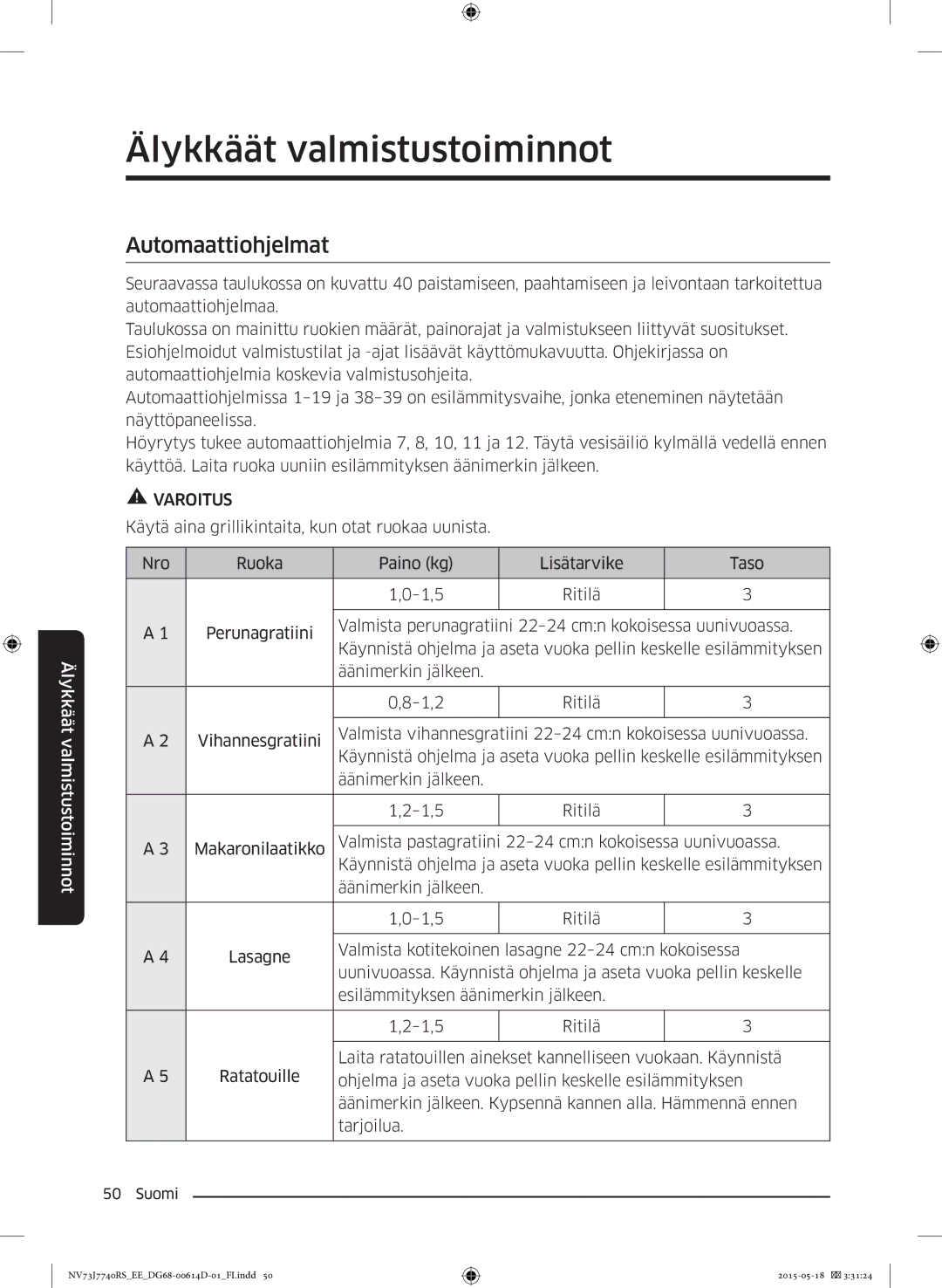 Samsung NV73J7740RS/EE manual Automaattiohjelmat 