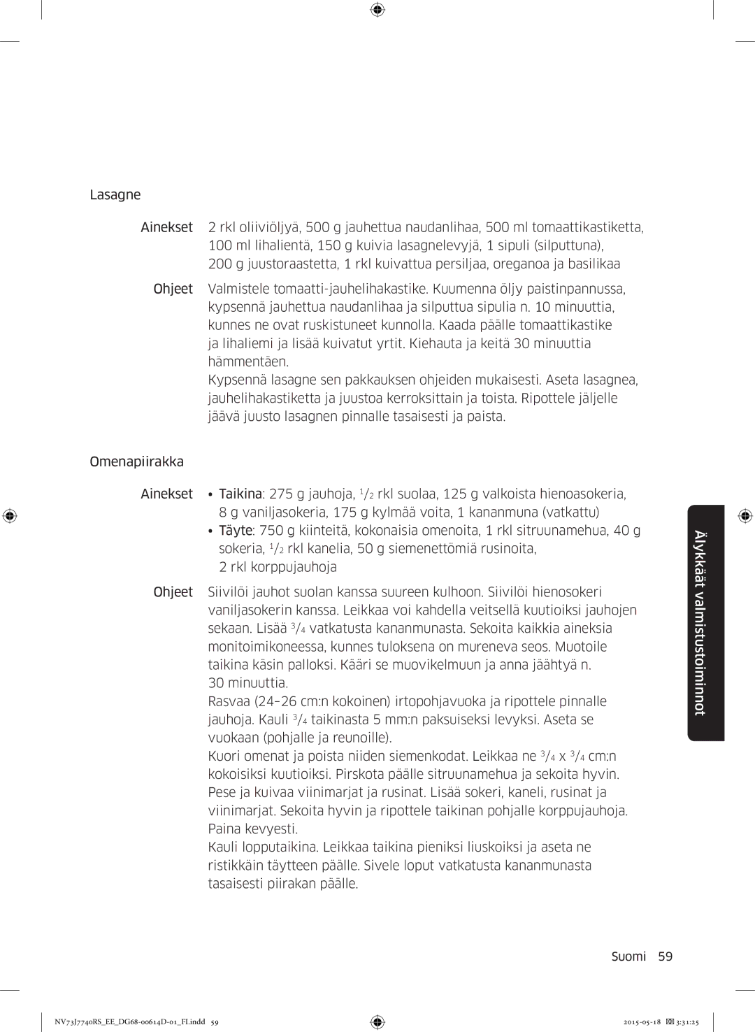 Samsung NV73J7740RS/EE manual Älykkäät valmistustoiminnot 