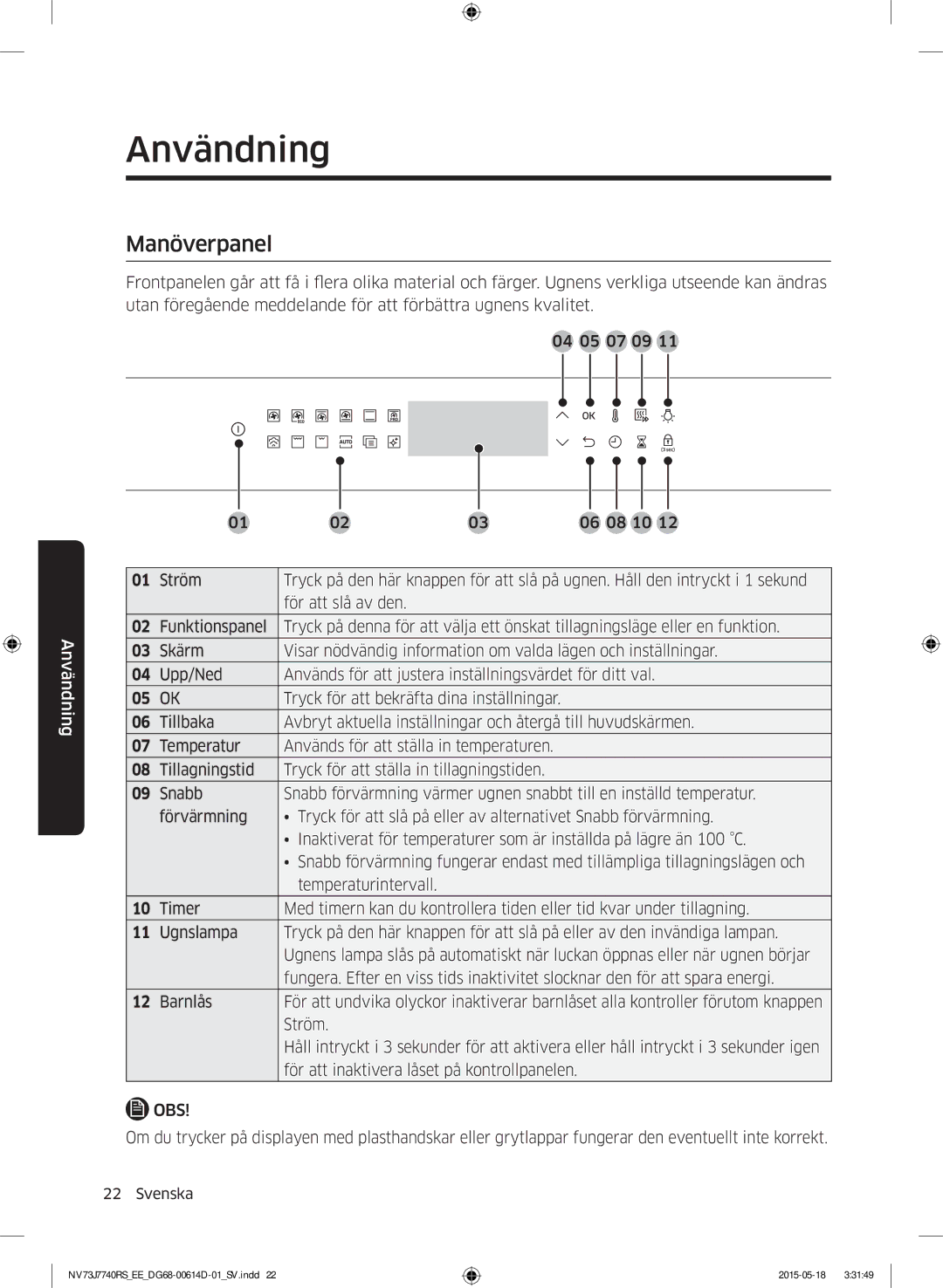 Samsung NV73J7740RS/EE manual Användning, Manöverpanel 