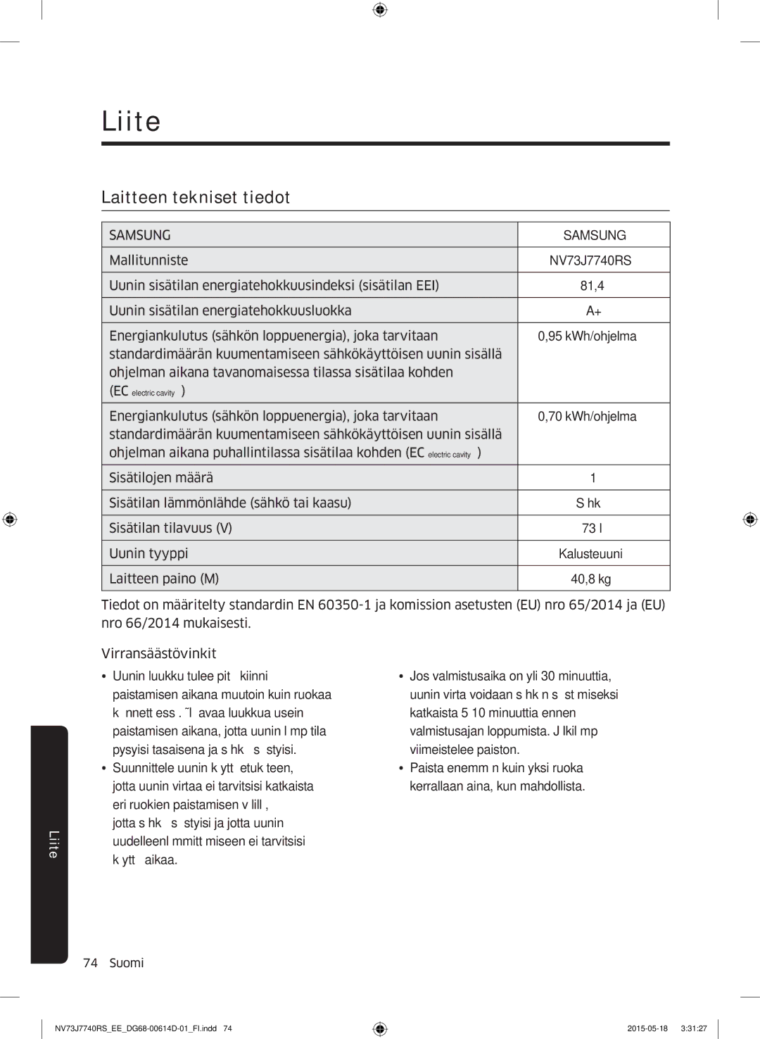 Samsung NV73J7740RS/EE manual Liite, Laitteen tekniset tiedot 