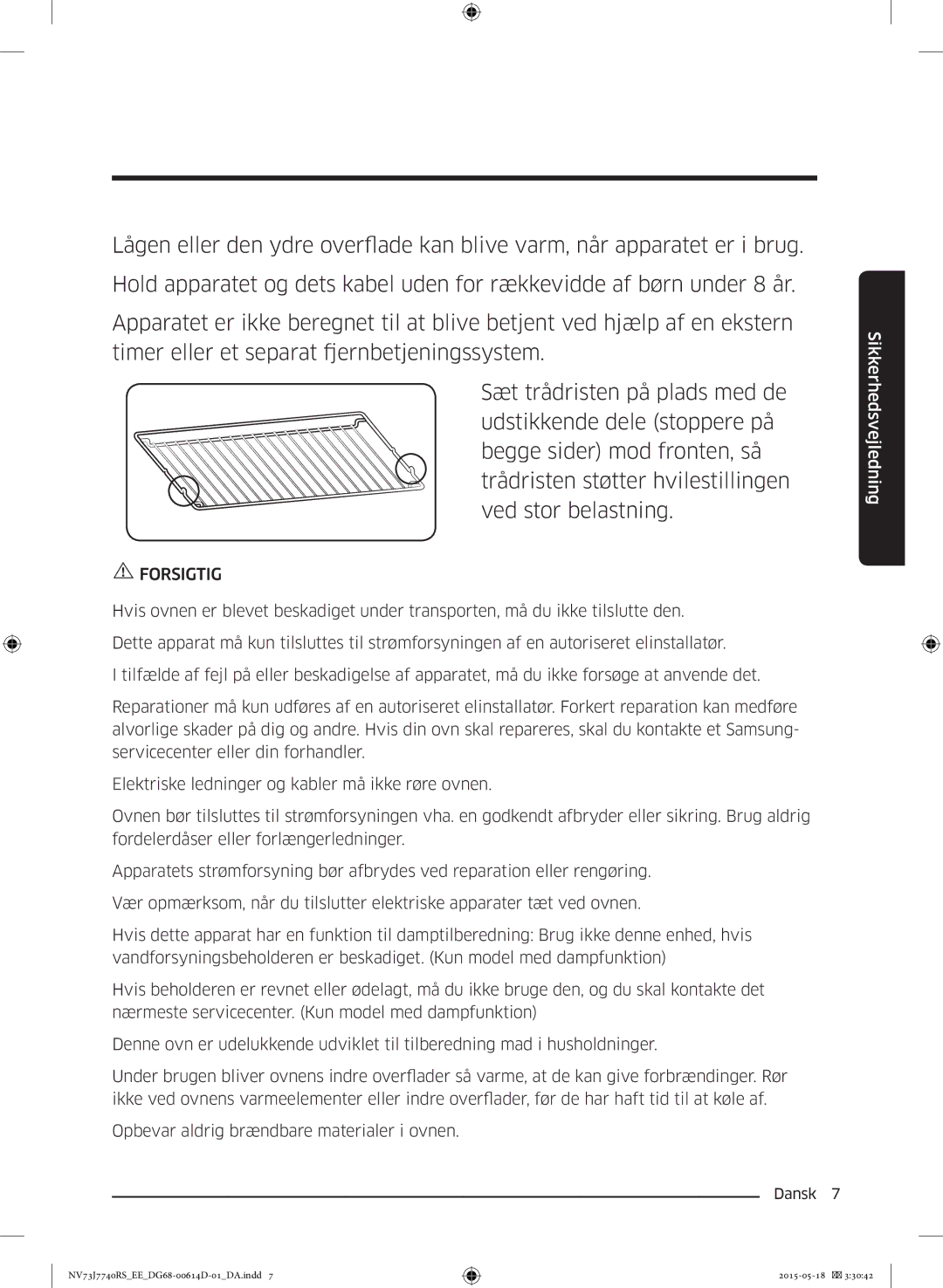 Samsung NV73J7740RS/EE manual Forsigtig 