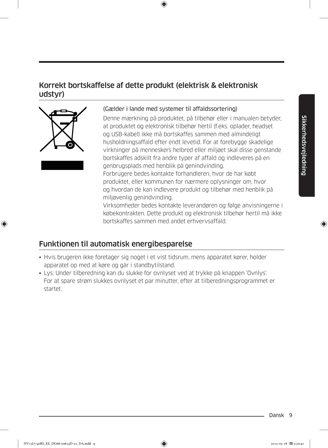 Samsung NV73J7740RS/EE manual Funktionen til automatisk energibesparelse 