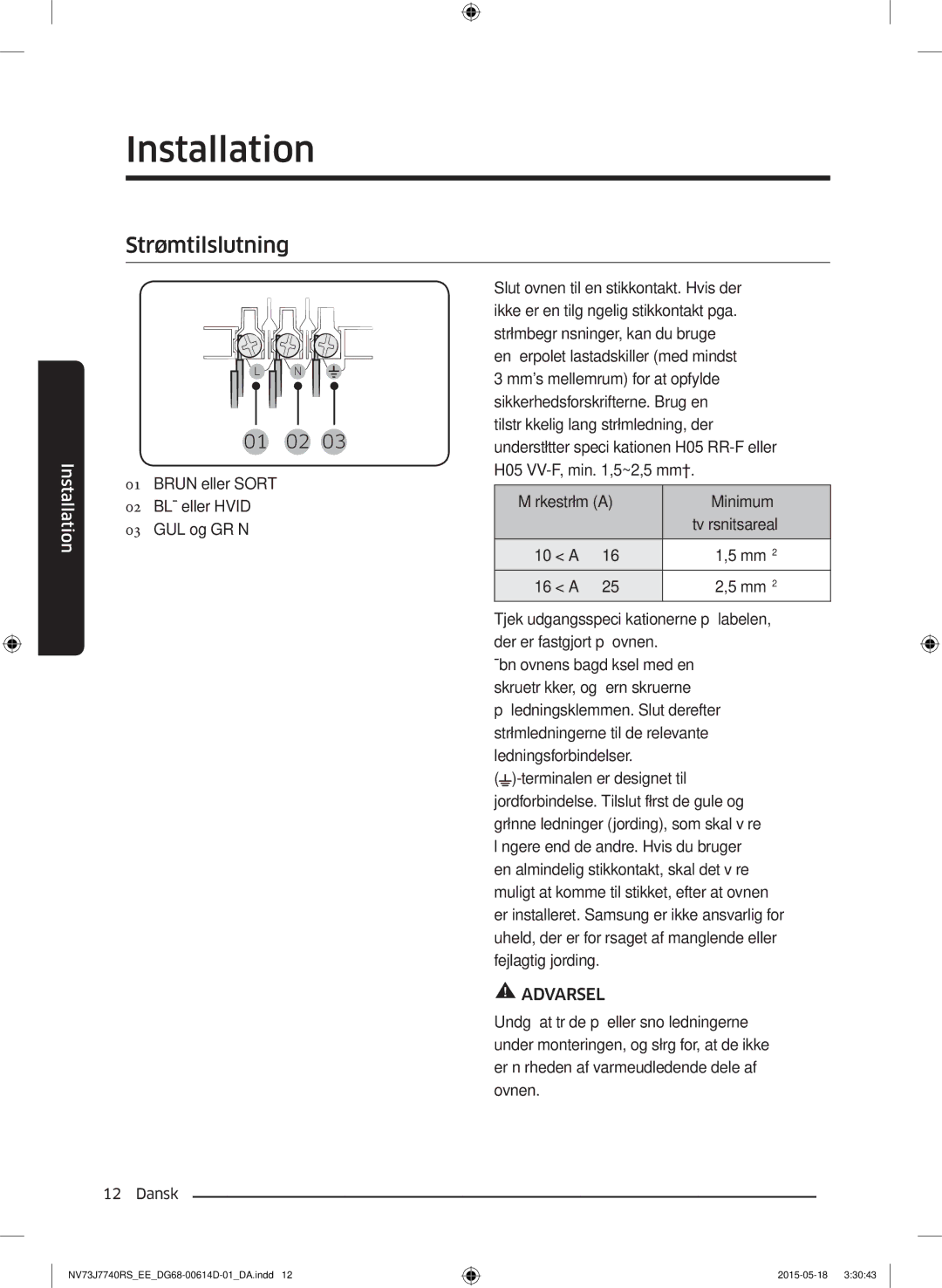 Samsung NV73J7740RS/EE manual Strømtilslutning 