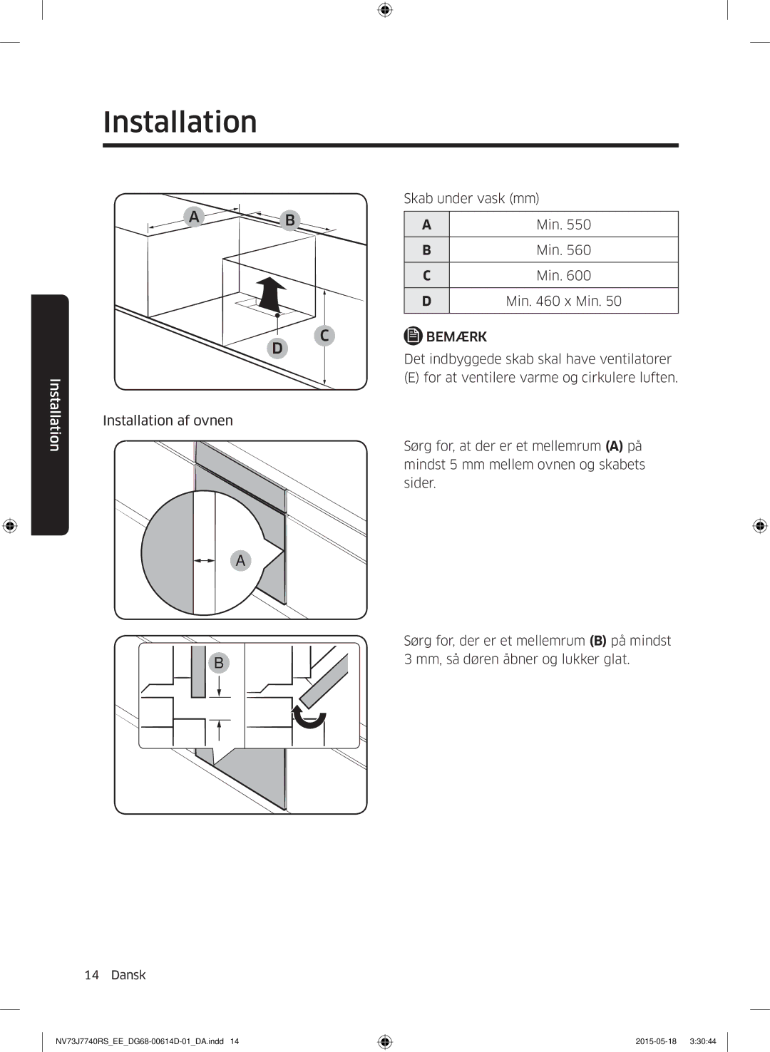 Samsung NV73J7740RS/EE manual Skab under vask mm 