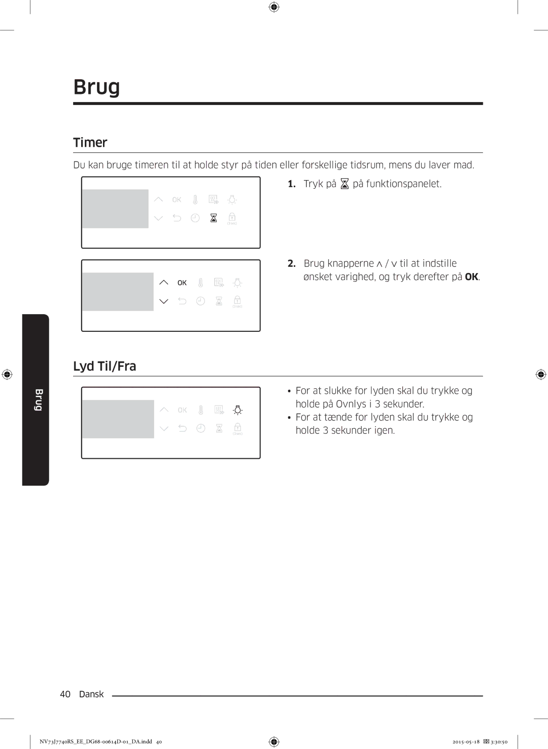 Samsung NV73J7740RS/EE manual Timer, Lyd Til/Fra 