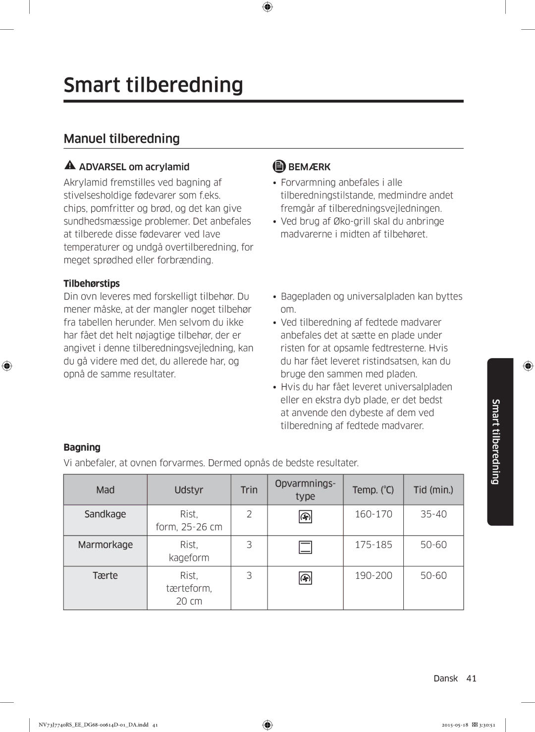 Samsung NV73J7740RS/EE manual Smart tilberedning, Manuel tilberedning, Tilbehørstips, Bagning, Tilberedning 