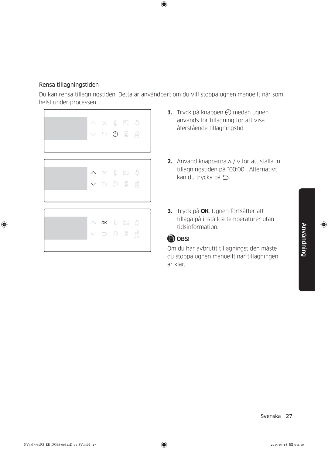 Samsung NV73J7740RS/EE manual Obs 