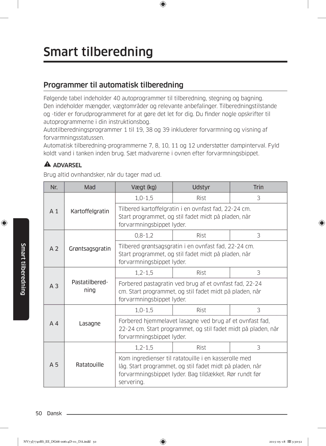 Samsung NV73J7740RS/EE manual Programmer til automatisk tilberedning 