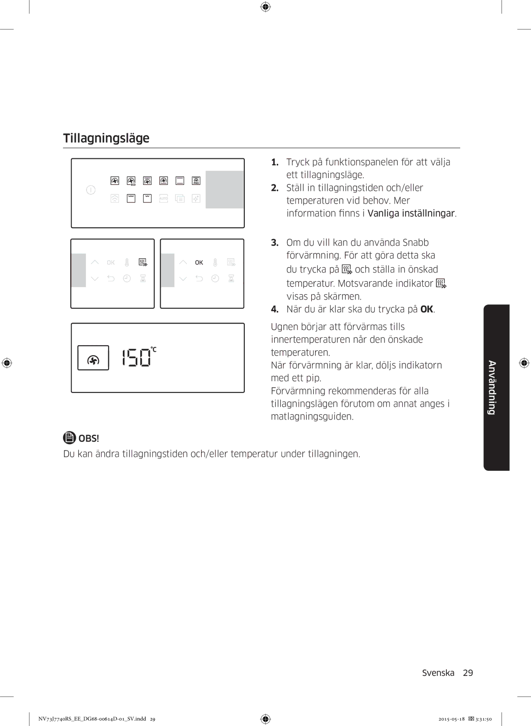 Samsung NV73J7740RS/EE manual Tillagningsläge 