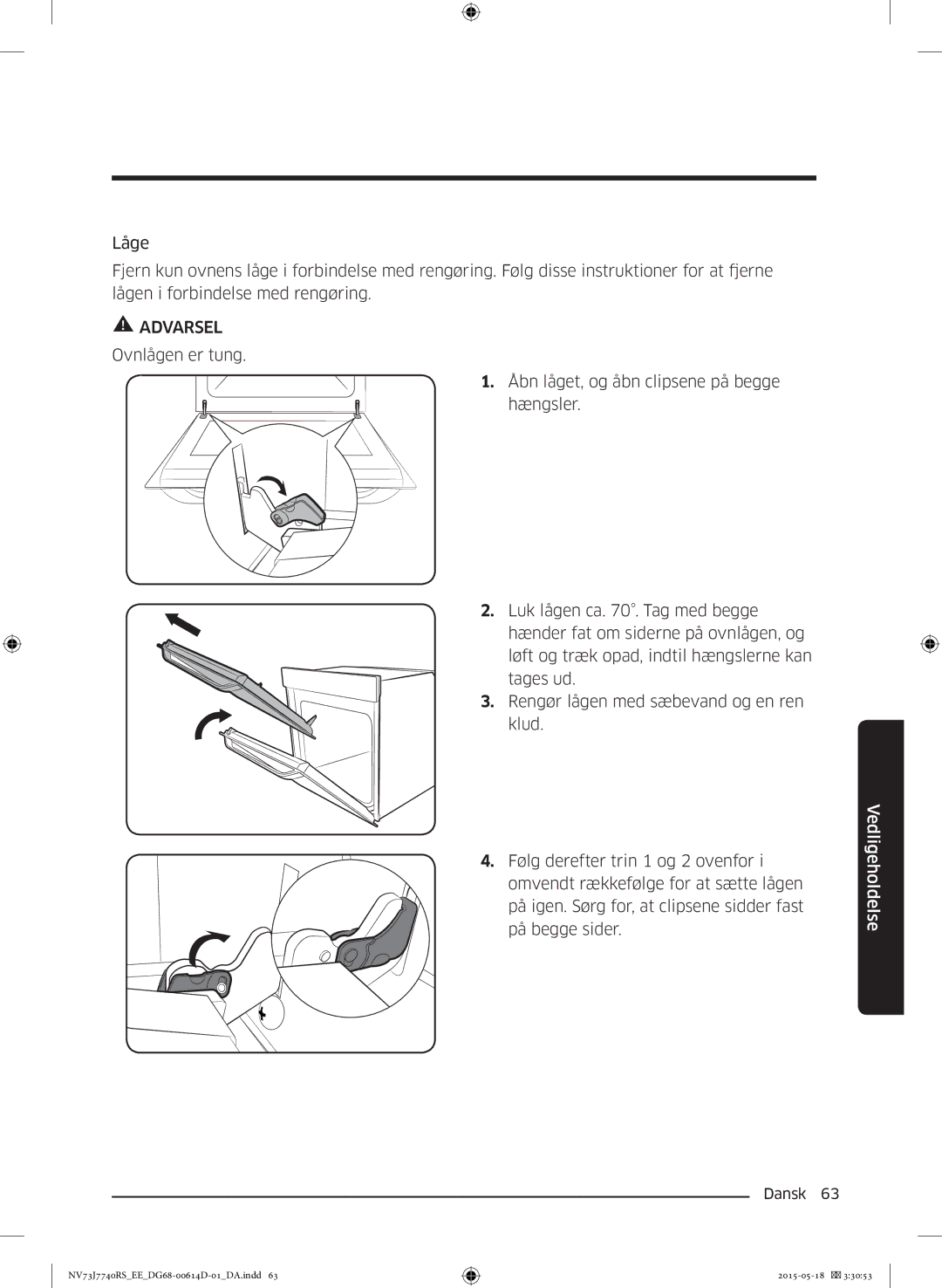 Samsung NV73J7740RS/EE manual Vedligeholdelse 