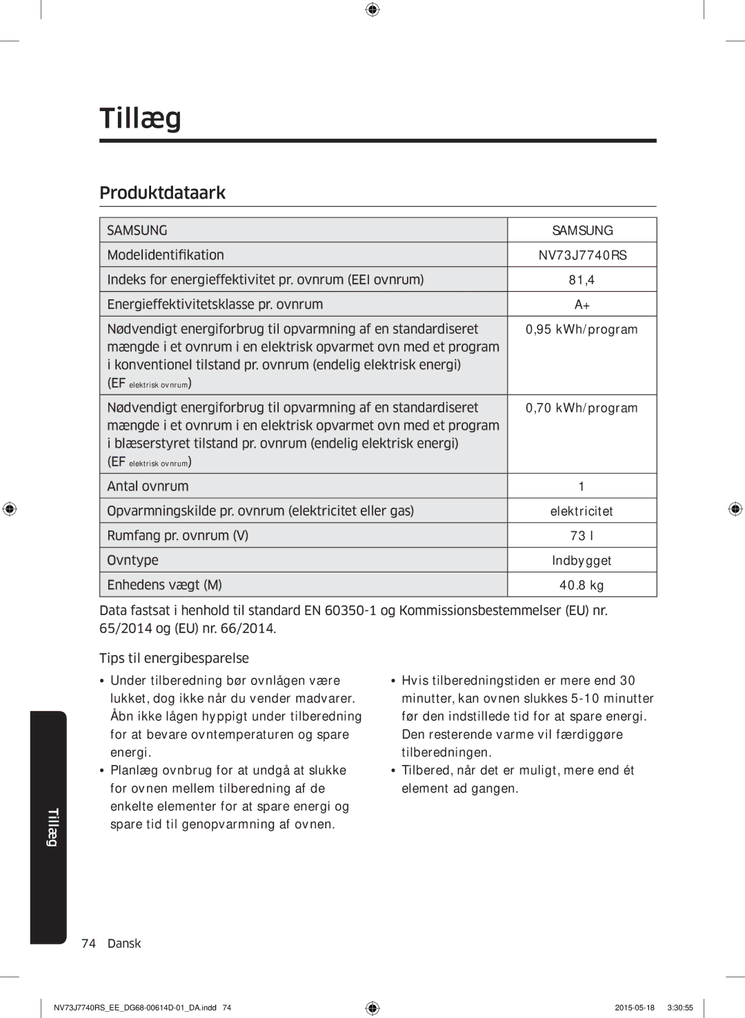 Samsung NV73J7740RS/EE manual Tillæg 