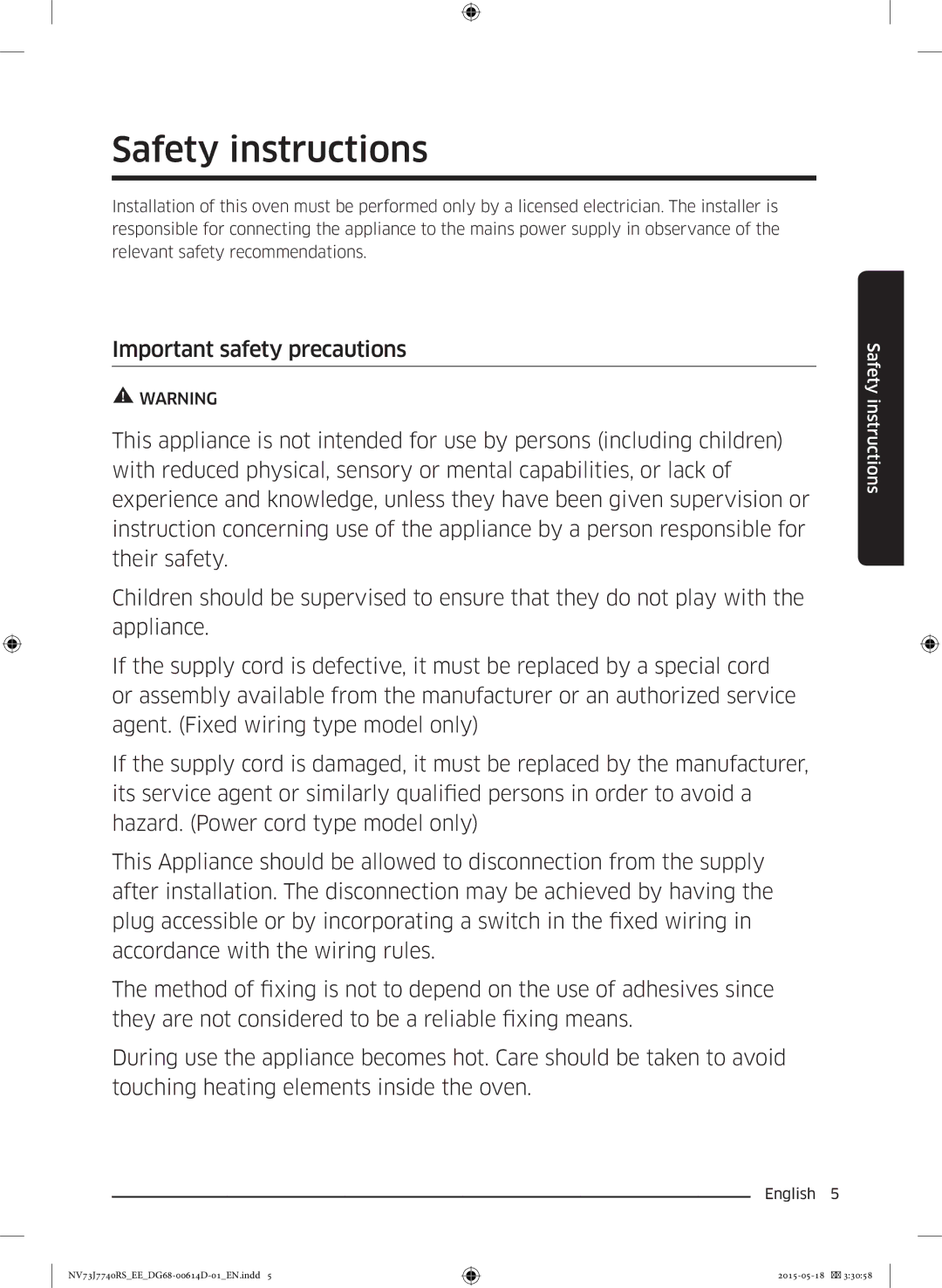 Samsung NV73J7740RS/EE manual Safety instructions 