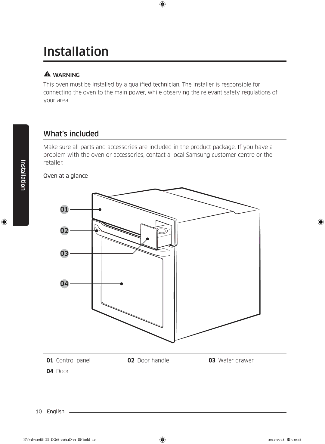 Samsung NV73J7740RS/EE manual What’s included, Control panel Door handle Water drawer 