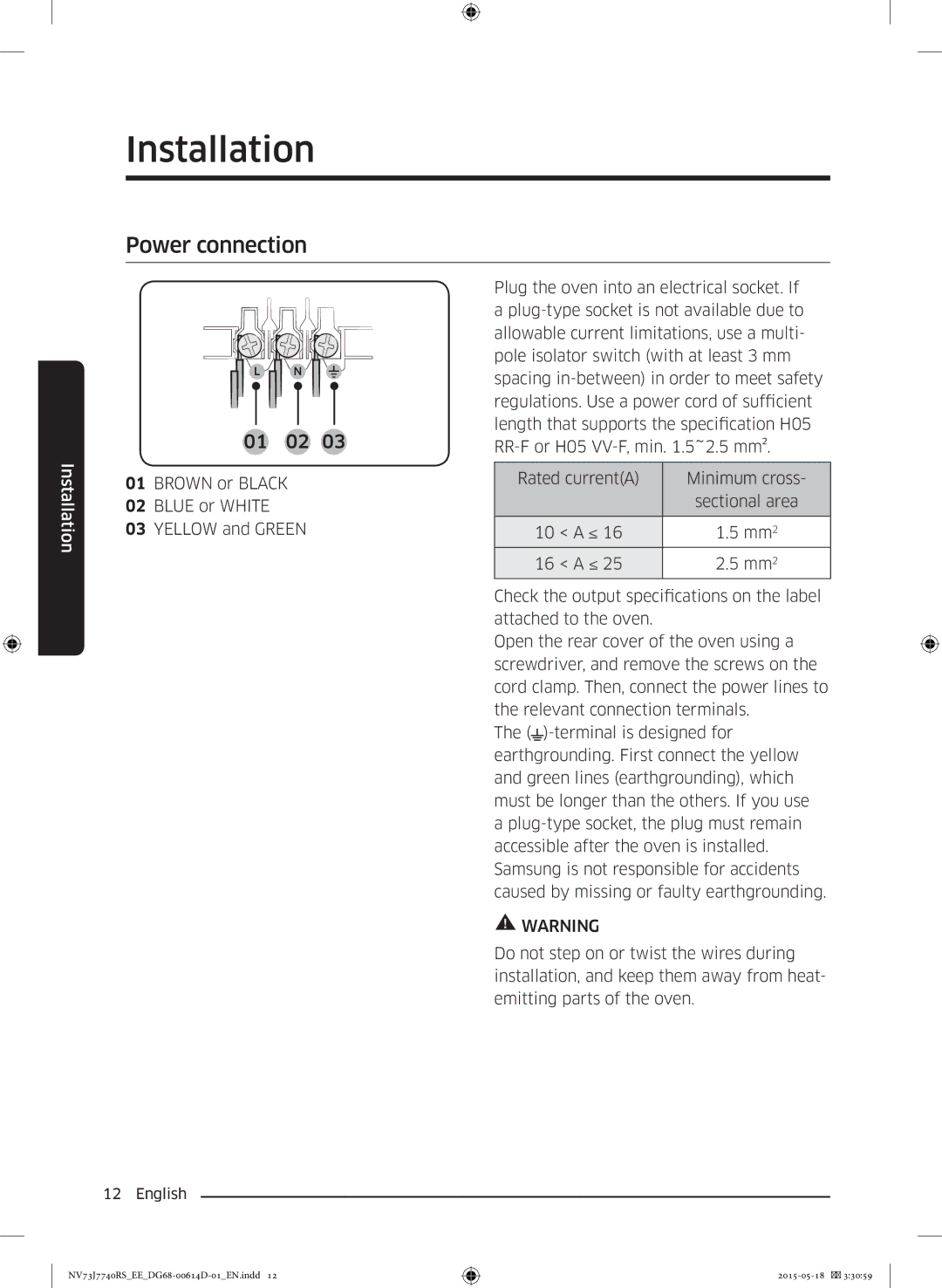 Samsung NV73J7740RS/EE manual Power connection 