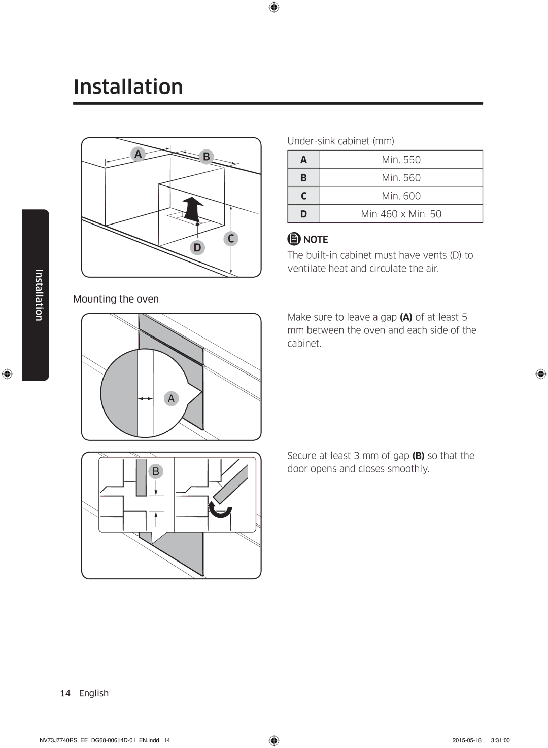 Samsung NV73J7740RS/EE manual Under-sink cabinet mm 