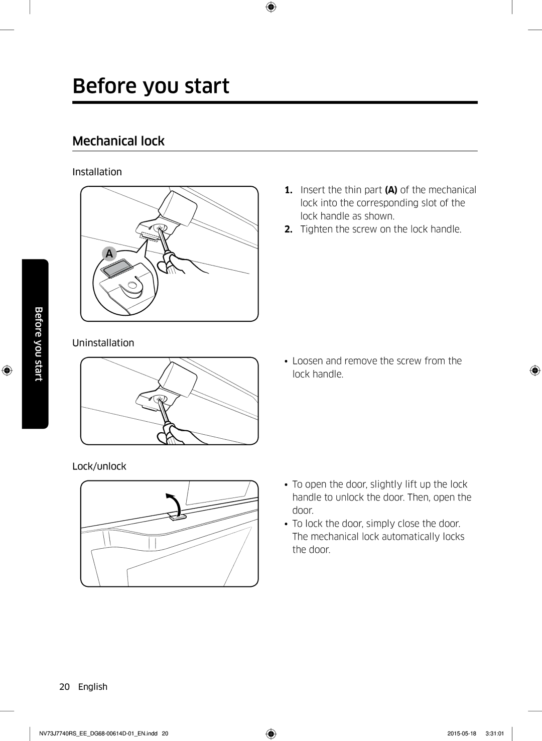 Samsung NV73J7740RS/EE manual Mechanical lock, Before You start Uninstallation 