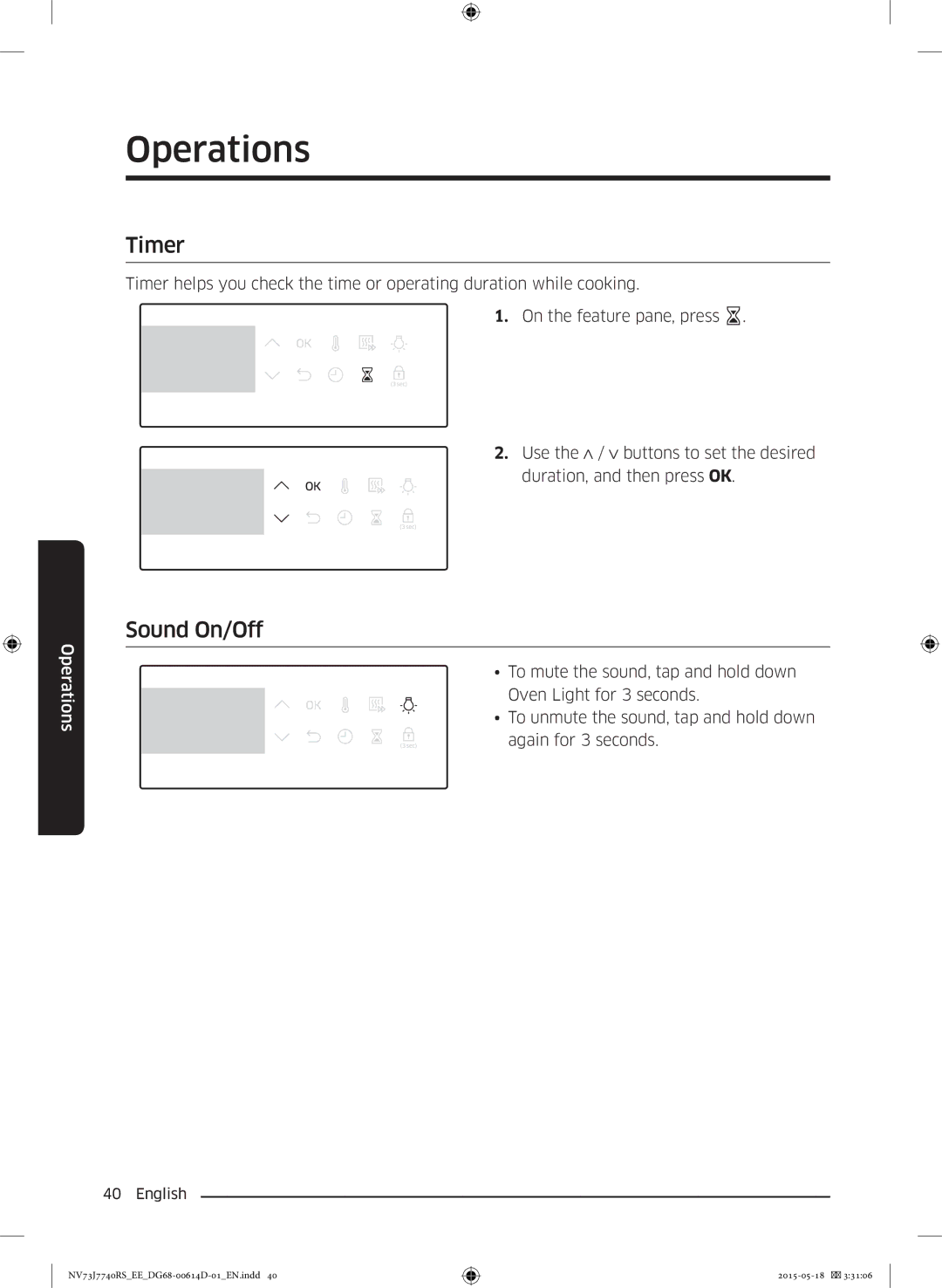 Samsung NV73J7740RS/EE manual Timer, Sound On/Off 