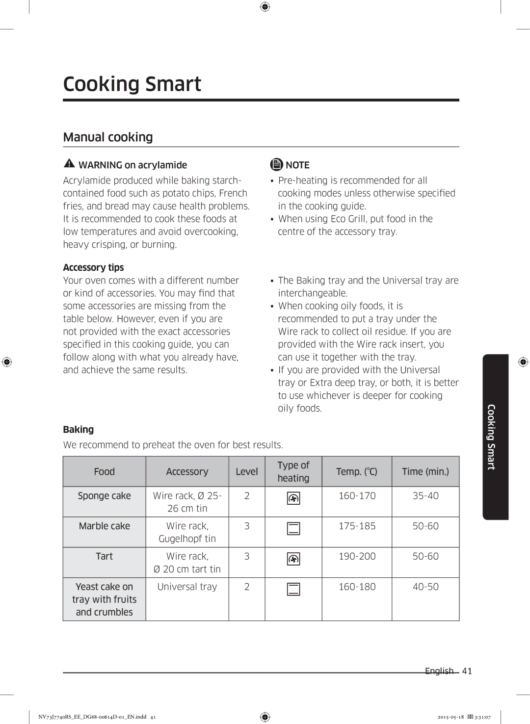 Samsung NV73J7740RS/EE manual Cooking Smart, Manual cooking, Accessory tips 