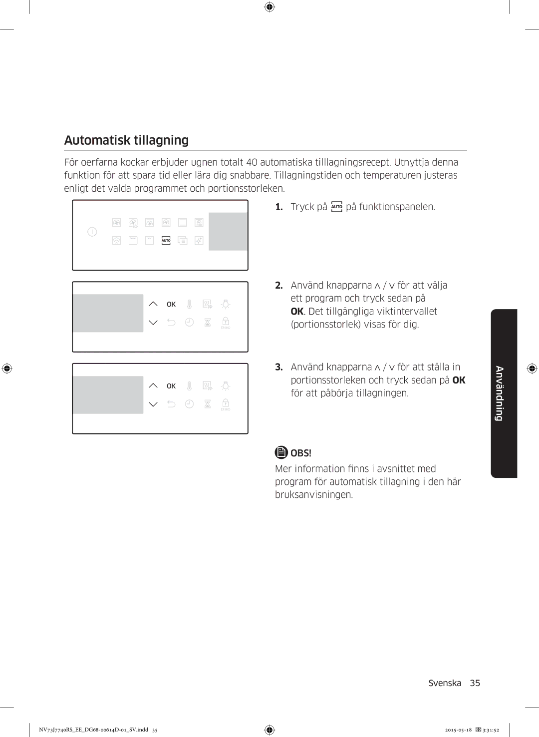 Samsung NV73J7740RS/EE manual Automatisk tillagning 