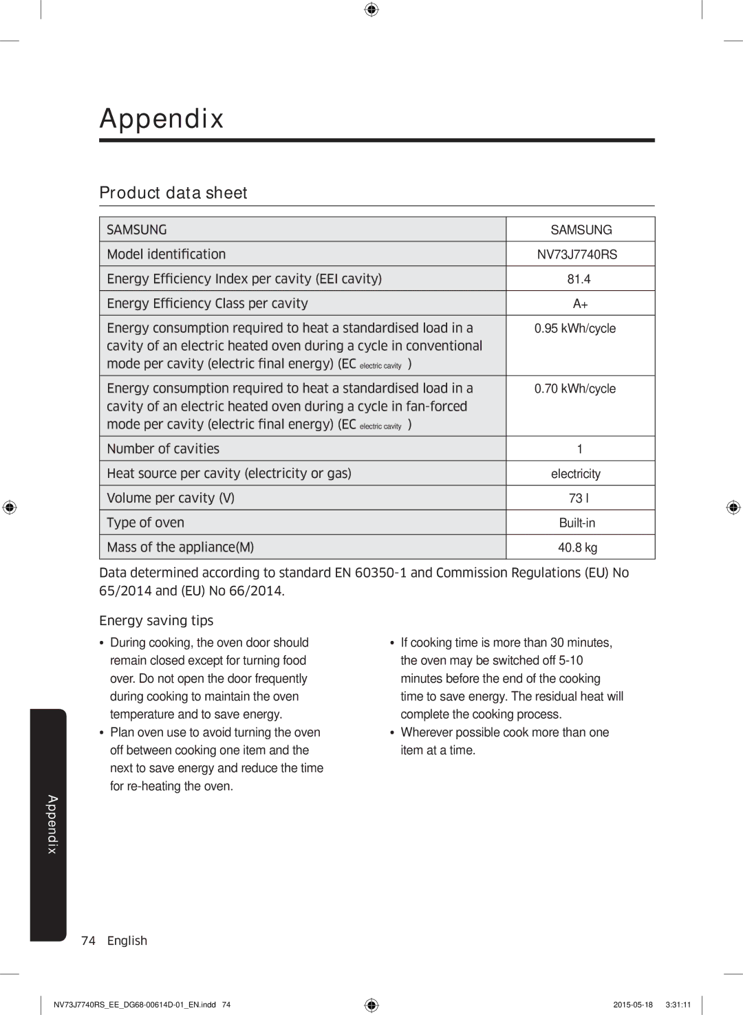 Samsung NV73J7740RS/EE manual Appendix, Product data sheet 