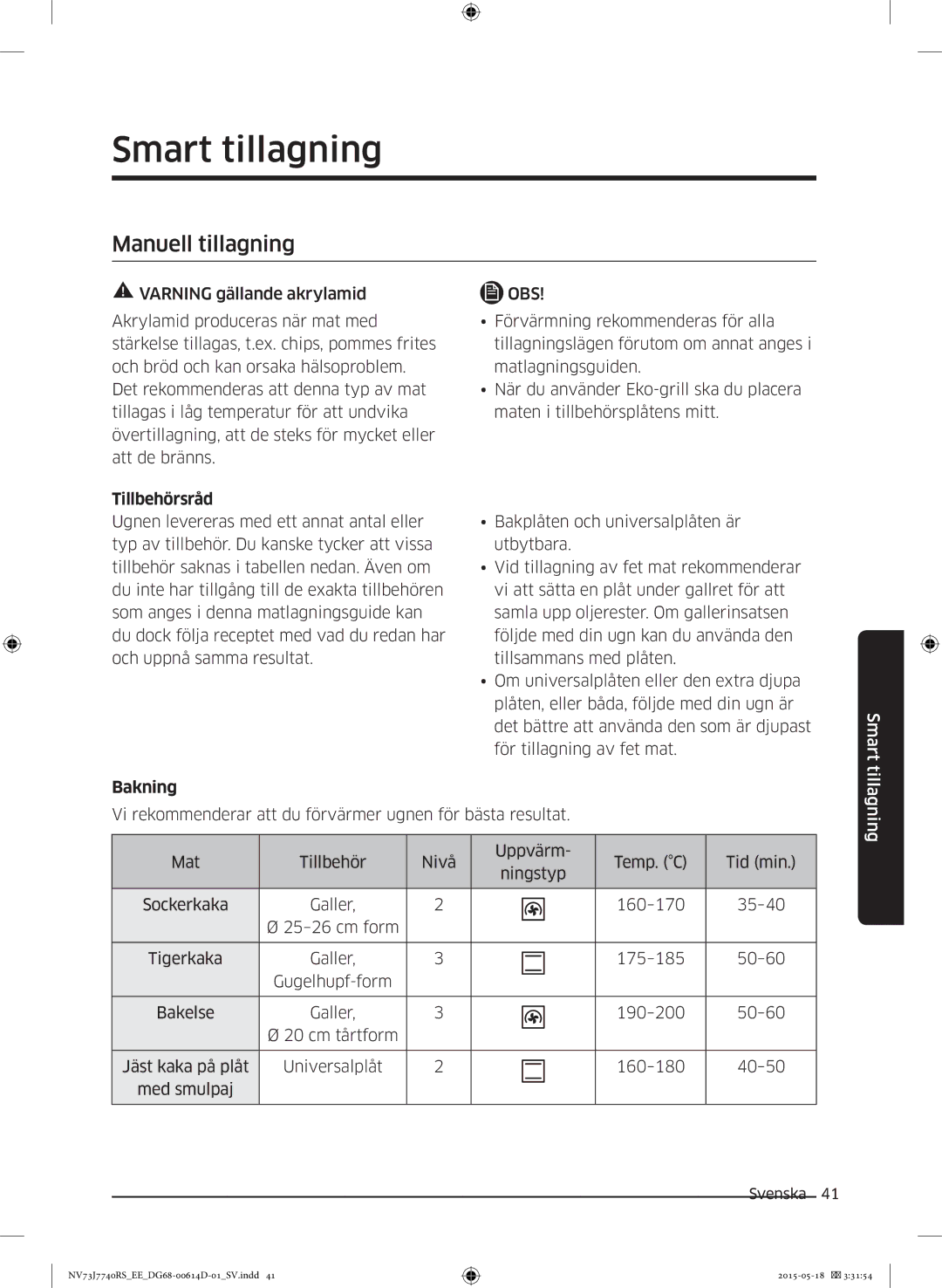 Samsung NV73J7740RS/EE manual Smart tillagning, Manuell tillagning, Tillbehörsråd, Bakning 