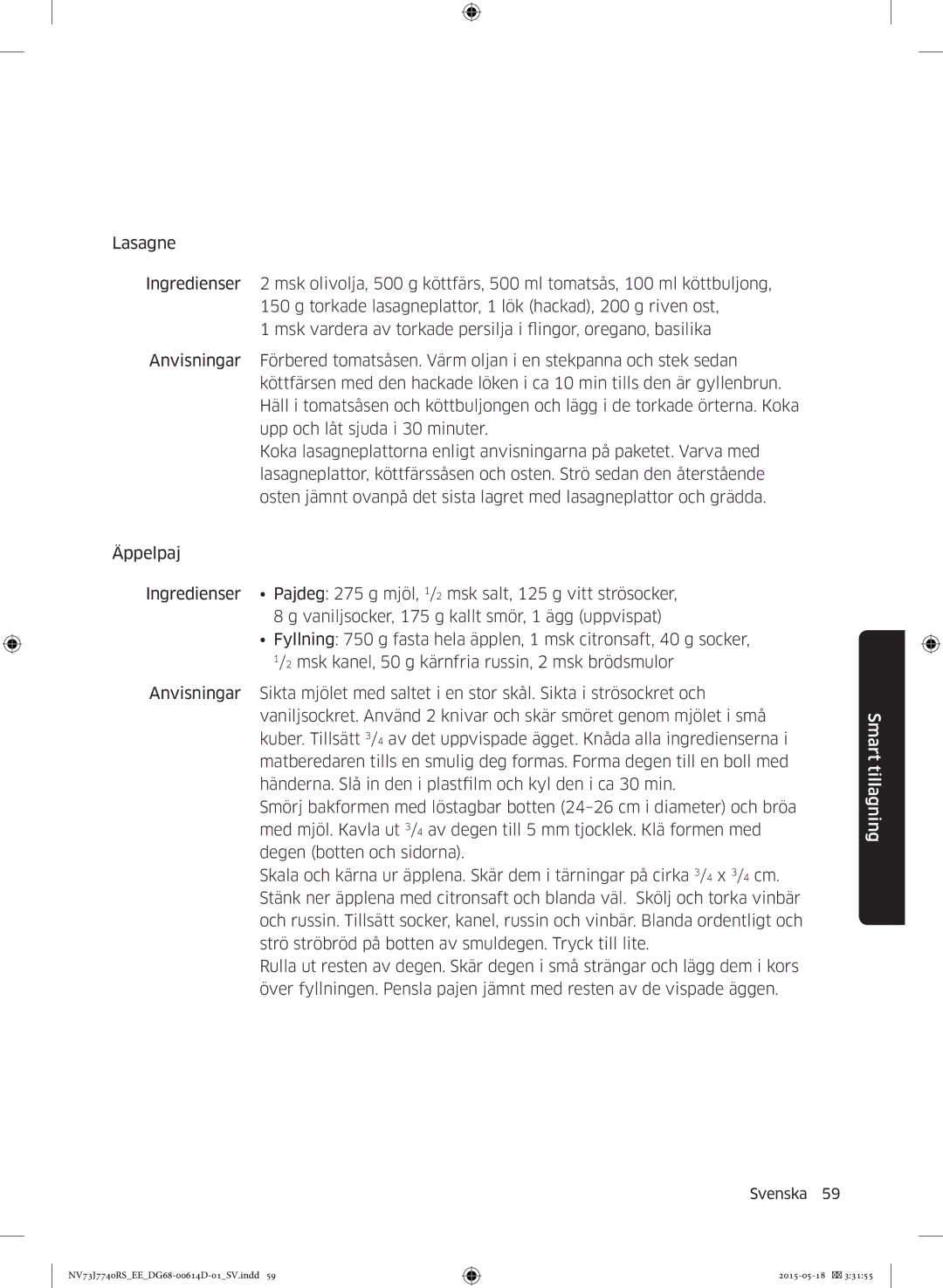 Samsung NV73J7740RS/EE manual Smart tillagning 