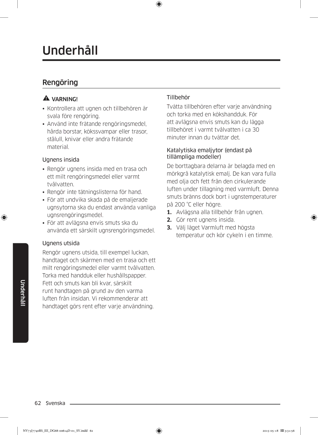 Samsung NV73J7740RS/EE manual Underhåll 