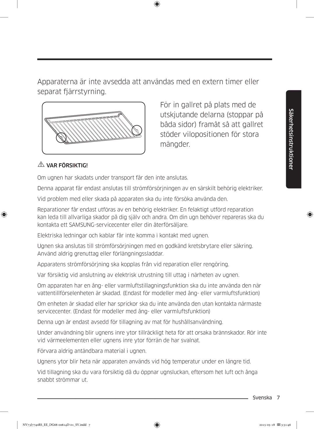 Samsung NV73J7740RS/EE manual VAR Försiktig 