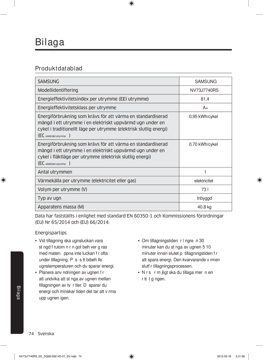 Samsung NV73J7740RS/EE manual Bilaga, Produktdatablad 