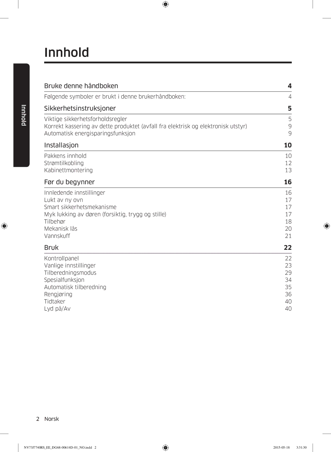 Samsung NV73J7740RS/EE manual Innhold 