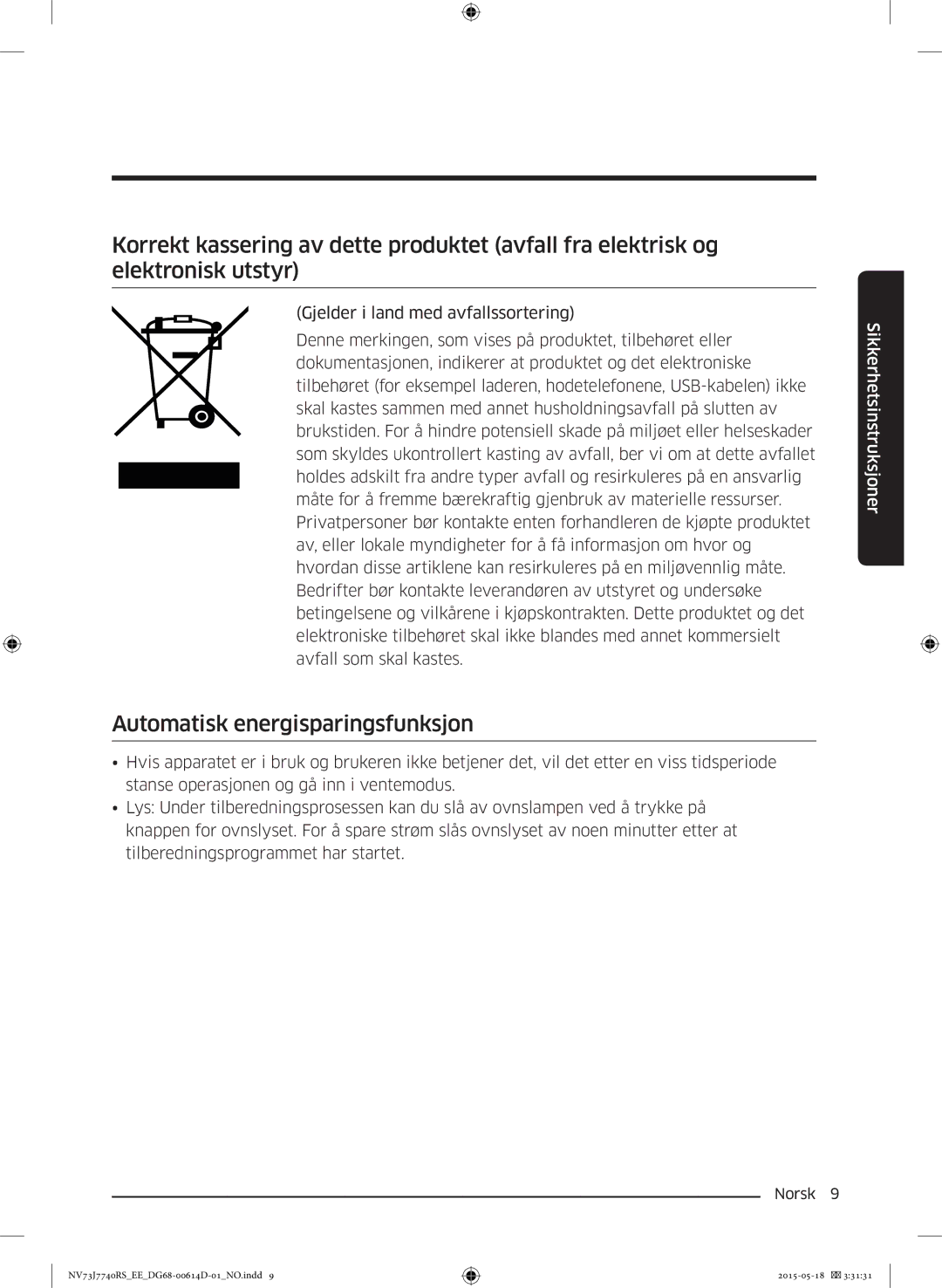 Samsung NV73J7740RS/EE manual Automatisk energisparingsfunksjon 