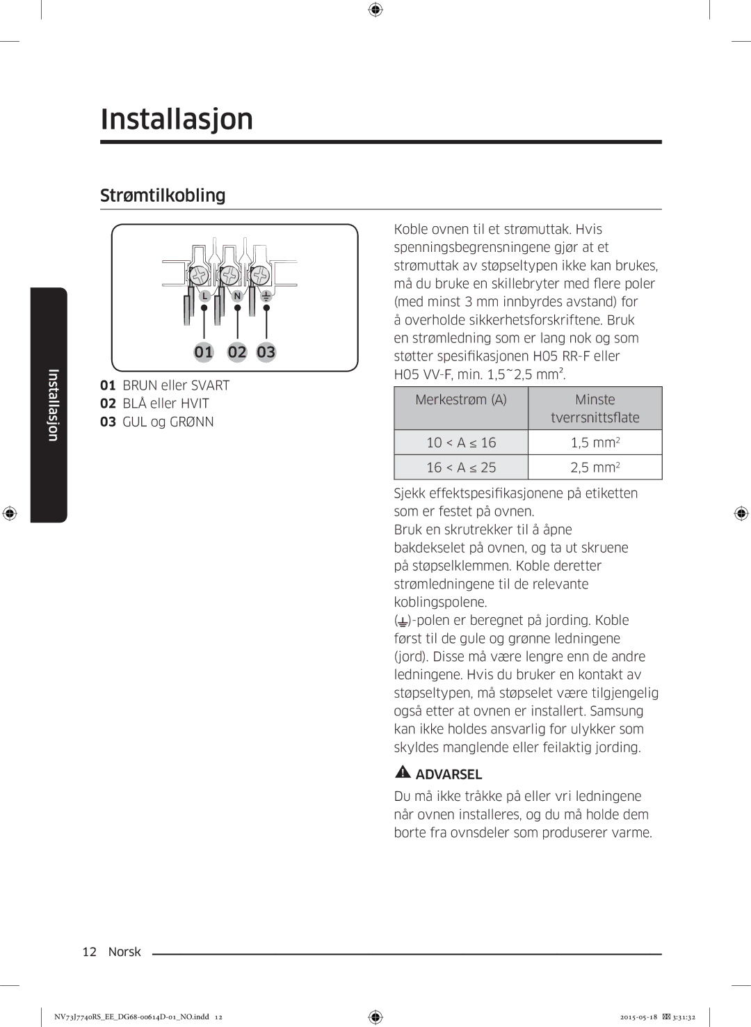 Samsung NV73J7740RS/EE manual Strømtilkobling 