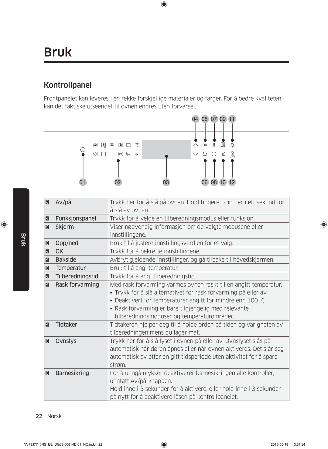 Samsung NV73J7740RS/EE manual Bruk, Kontrollpanel 