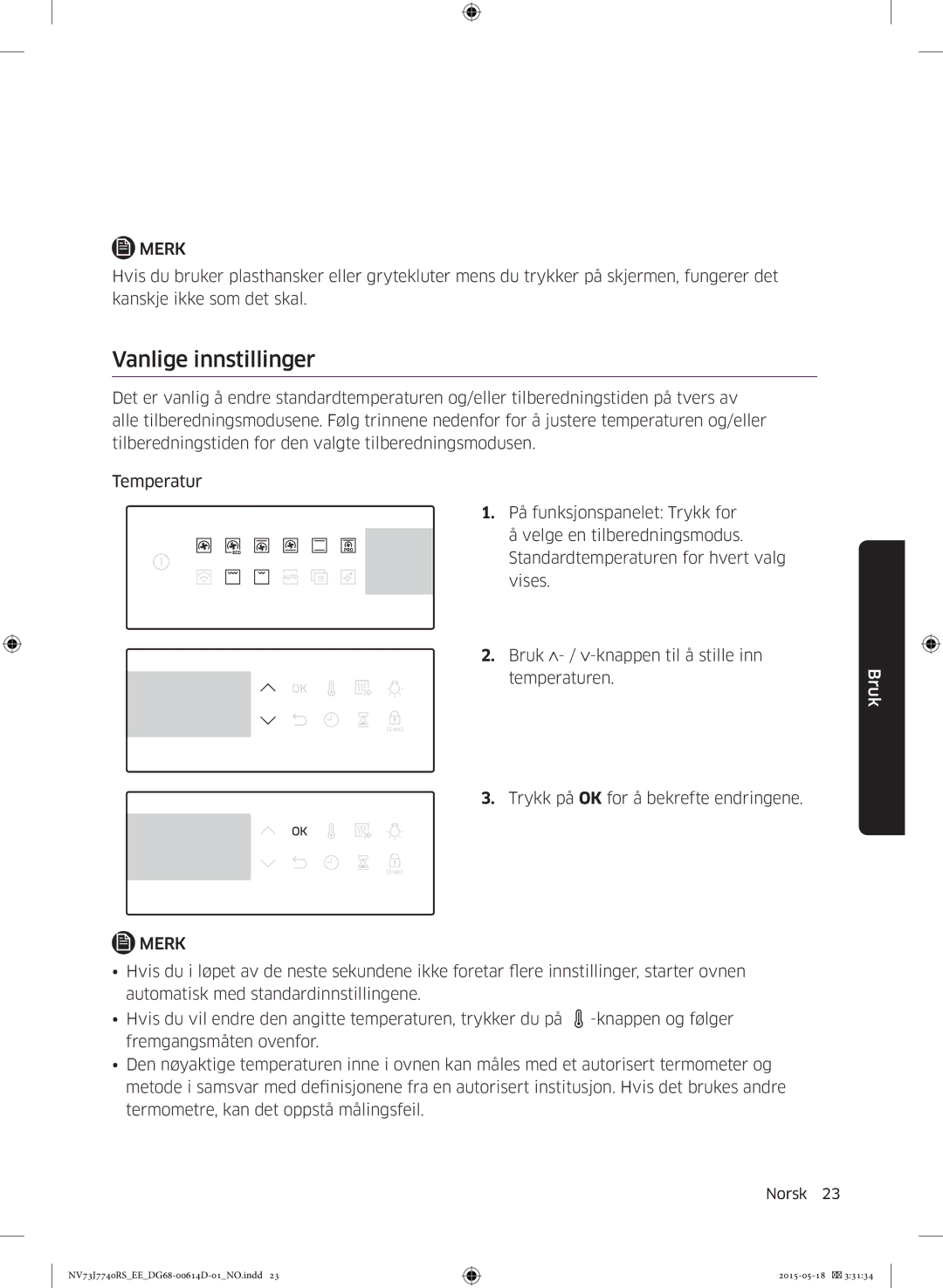 Samsung NV73J7740RS/EE manual Vanlige innstillinger 