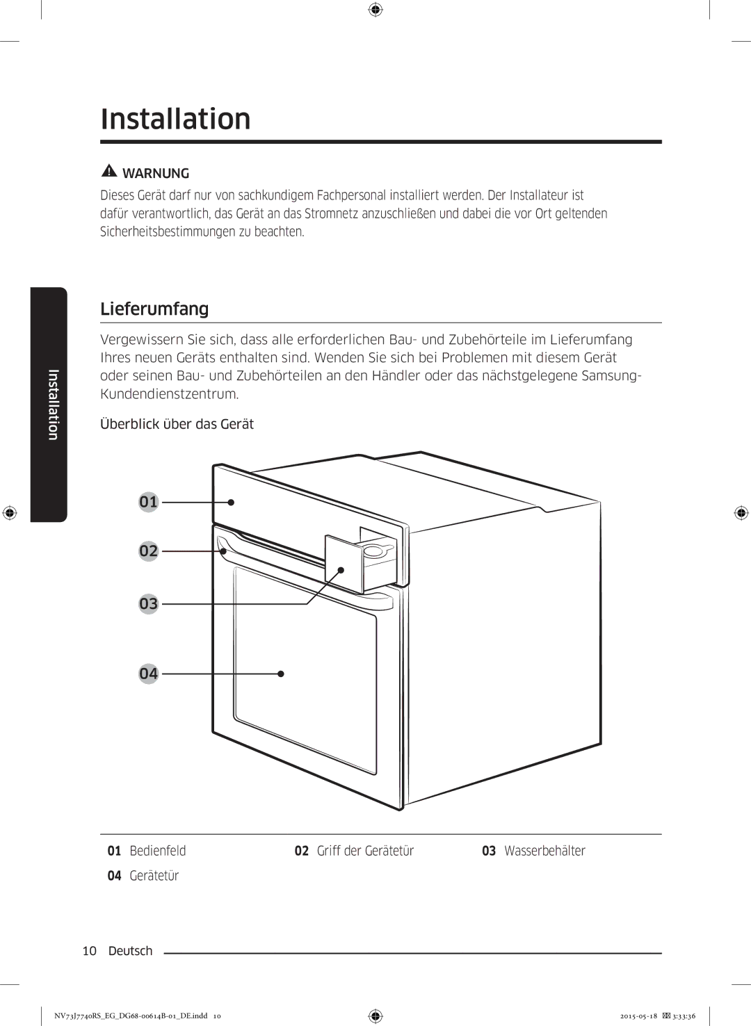 Samsung NV73J7740RS/EG manual Installation, Lieferumfang, Bedienfeld Griff der Gerätetür 