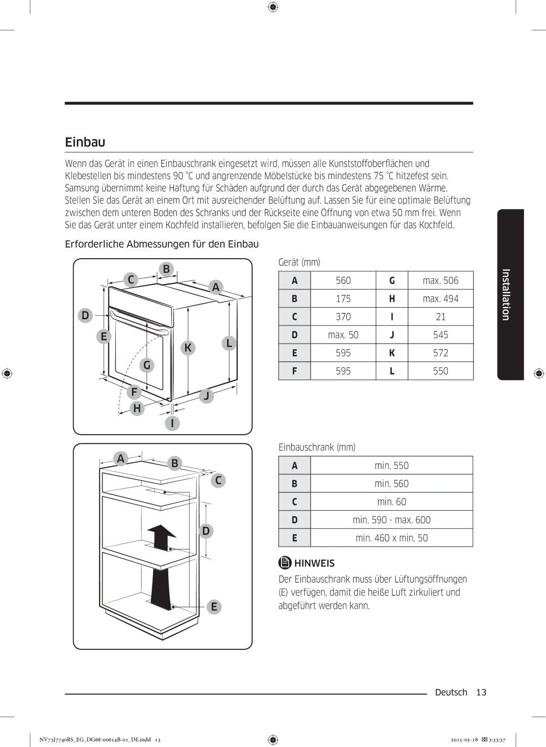 Samsung NV73J7740RS/EG manual 545, 595 572 550 Einbauschrank mm, Min max Min x min 